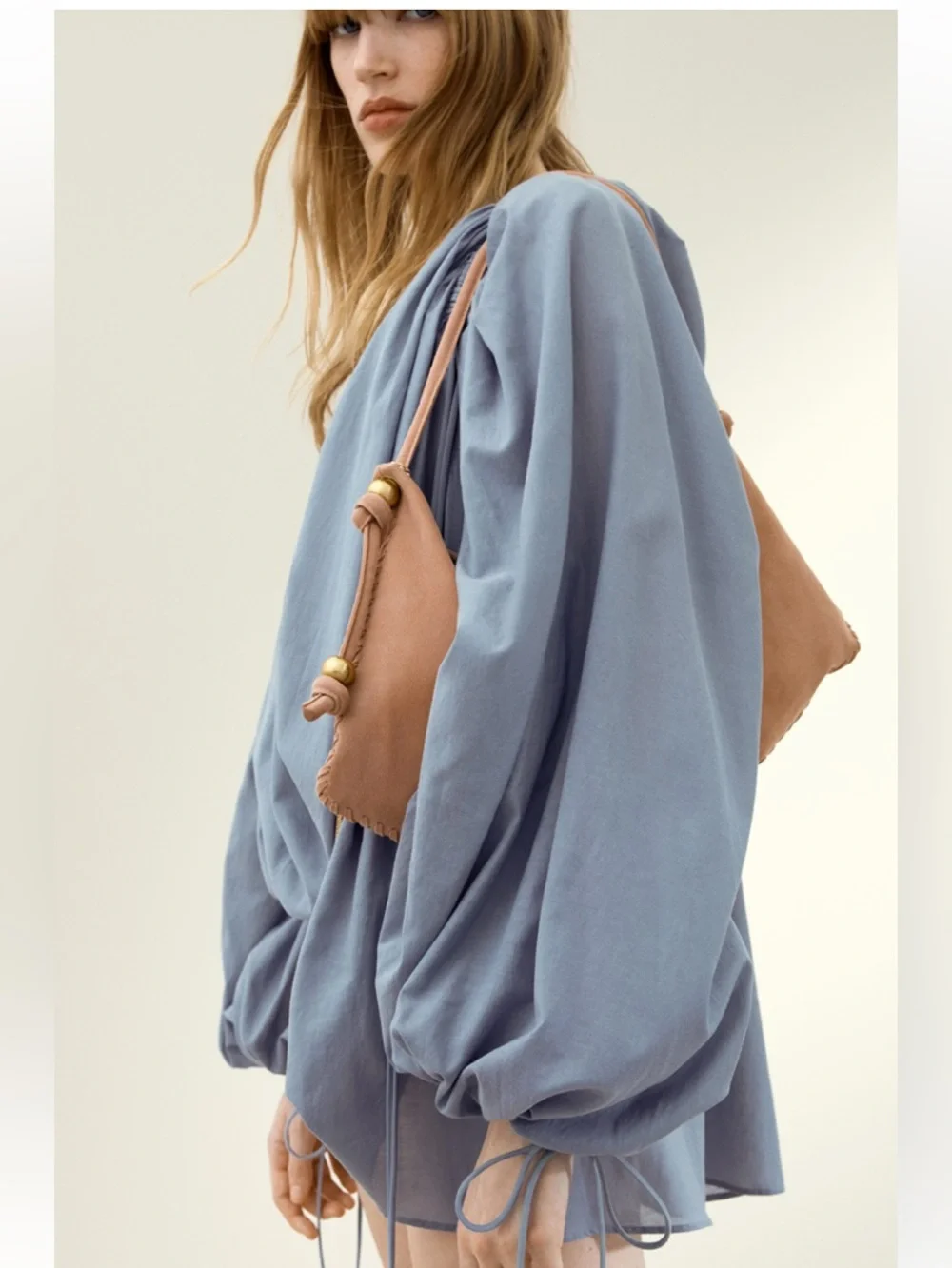 H&M NWT!! Light Blue Lightweight Tie-Front Peasant Oversized Loose Fit Blouse ML - Picture 8 of 16
